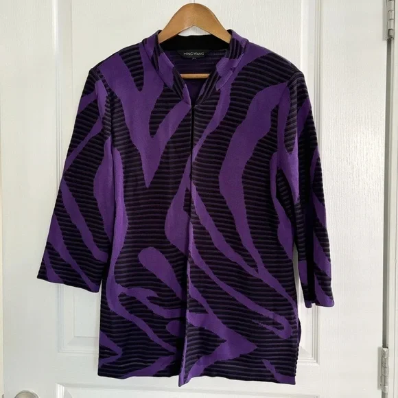 Ming Wang Purple Zebra Striped Knit Jacket Cardigan Medium - Picture 1 of 9